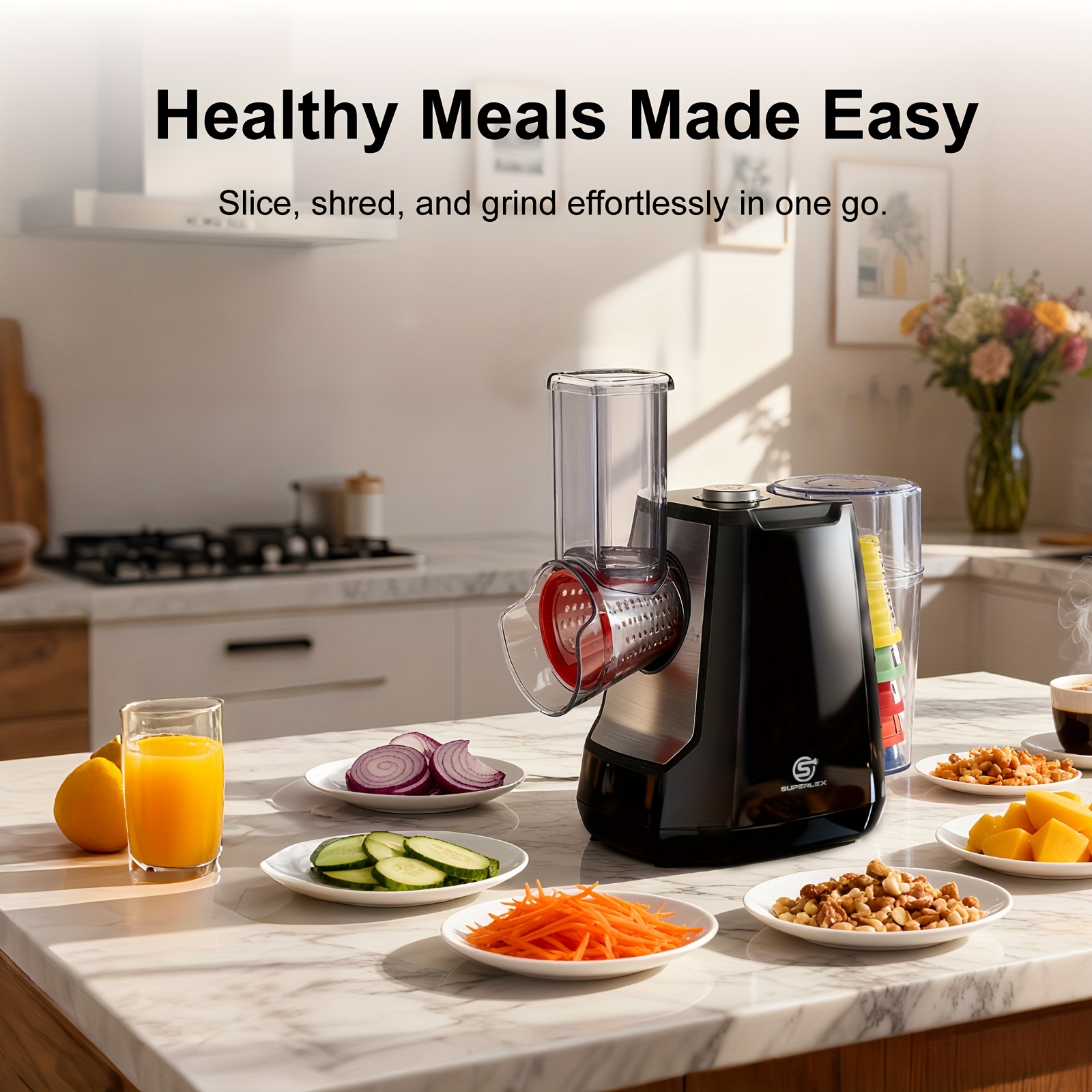 TEMU Salad Spinner, Electric Slicer With 5 Grating Cones | Coarse, Fine, Thick, Thin Slicing Options, Grinder Cone, Detachable Decorative Panel,