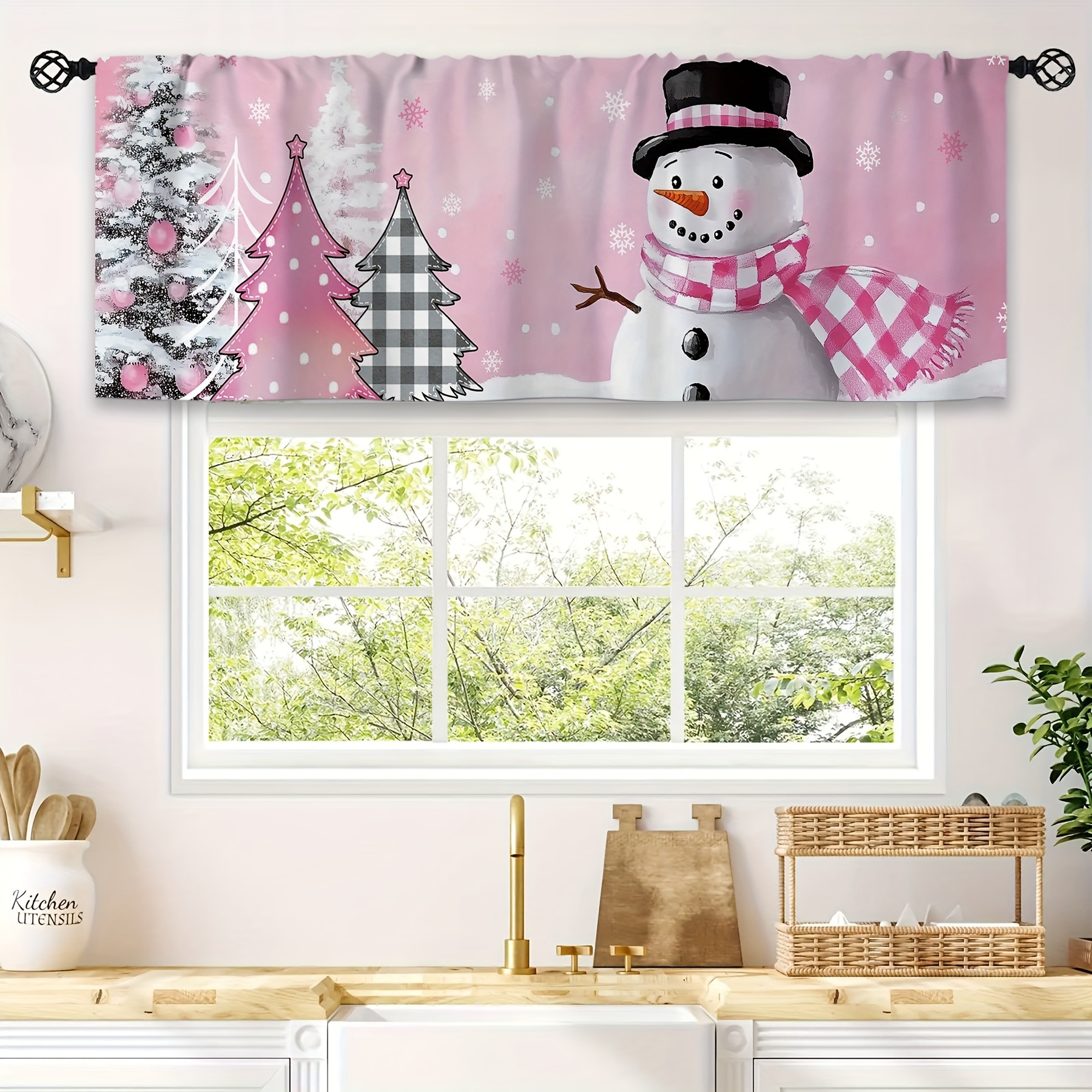 

Charming Snowman & Christmas Tree Kitchen Curtain Valance - Winter Snowflake Design, Rod Pocket, 54x18 Inches - Living Room, Bedroom, Bathroom Decor