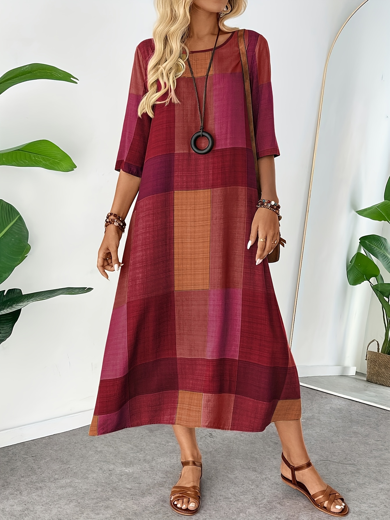 Women's Blue White Plaid 3/4 Sleeve Loose Fit Maxi Dress Breathable  Machine-Washable Round Neck Long Dress for Spring/Summer Casual  Semi-Formal - Main Image