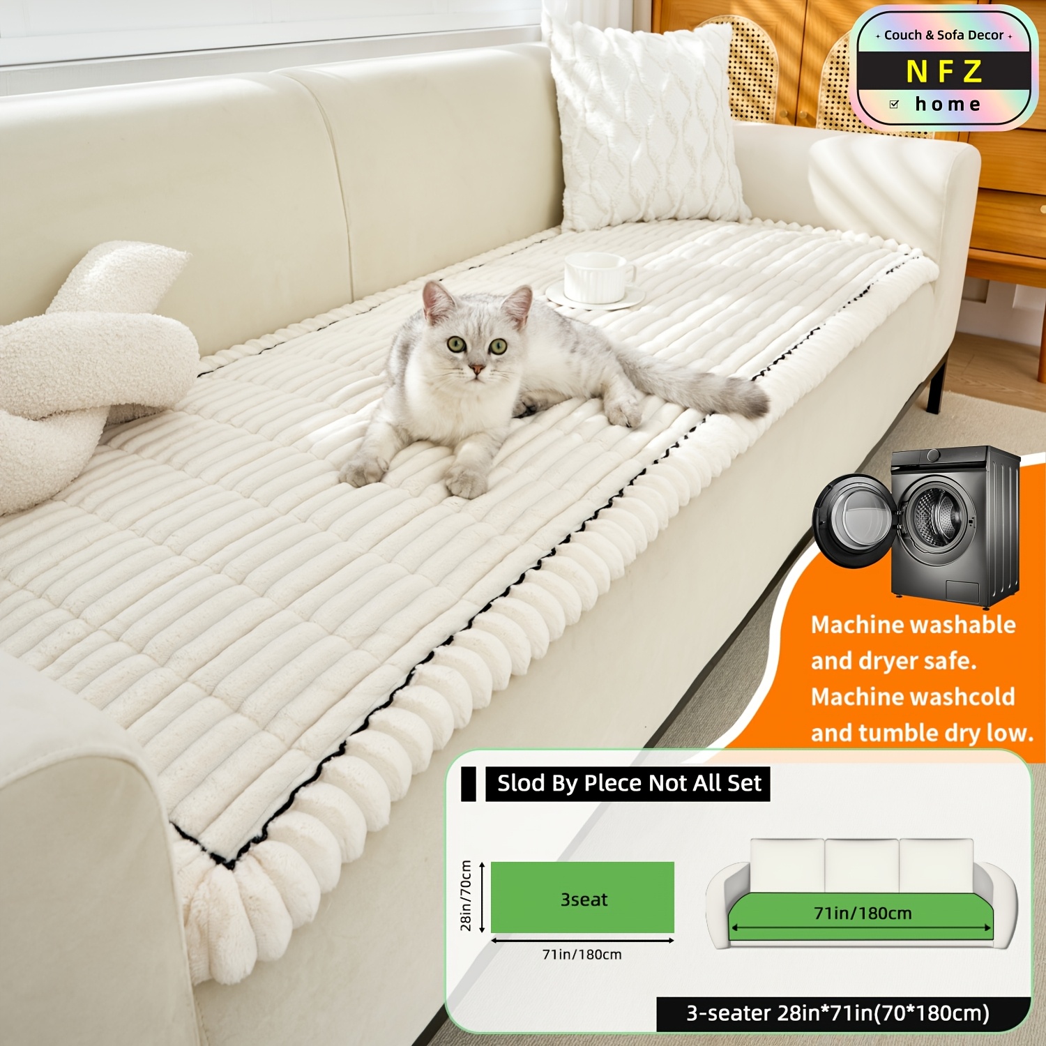 TEMU 1pc Retro Warm Thickened Flannel Anti-slip Sofa Pad For Autumn & Winter, Pet-friendly, Machine-washable, Suitable For 1/2/3/4-seater & Modular