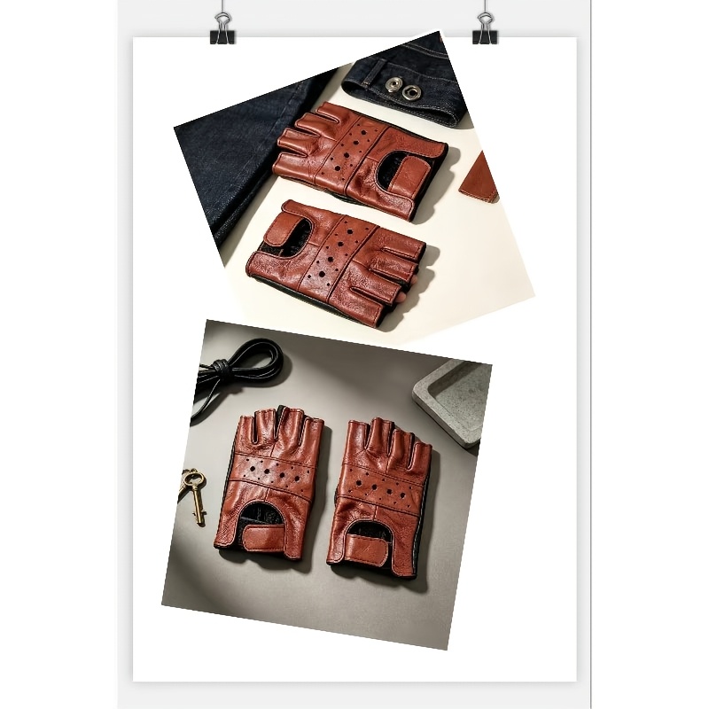 TEMU Combo Brown Genuine Leather Outdoor Gloves Driving Genuine Leather Half-finger Gloves Windproof