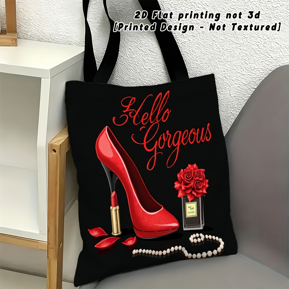 TEMU 2d Flat Printing [printed Design - Not Textured] Red High Heels, Lipstick, Perfume, Rose Pattern Women's Shoulder Bag, Multi-functional Handbag,