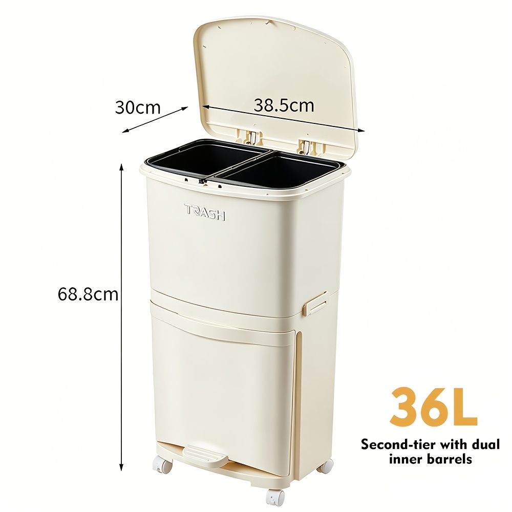 36l Double-layer Kitchen Trash Can, Can Classify Dry And Wet Waste, Pedal-operated Lid, With Wheels For , Off-white