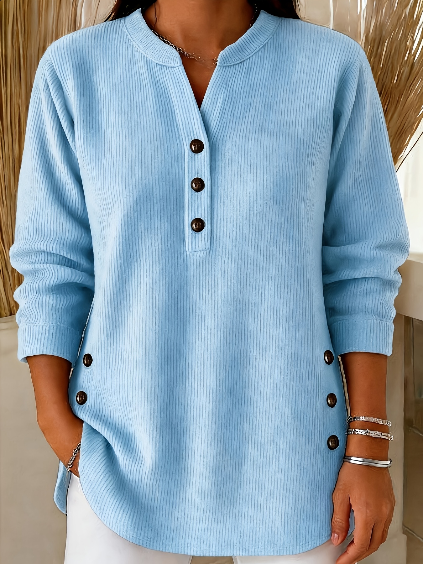 plus size plus size womens spring autumn vertical rib textured base layer top featuring a loose semi open neckline with side button     length curved hem european   long sleeve   covers the hips and   the figure