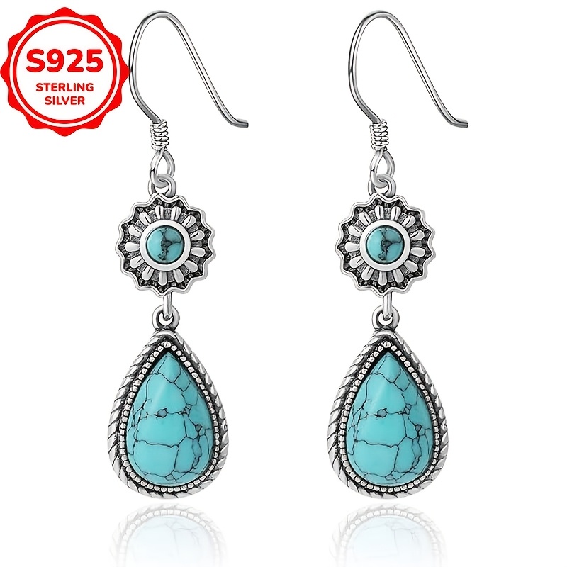 925 Sterling Silver Teardrop Dangle Earrings, Bohemian Turquoise Inlay