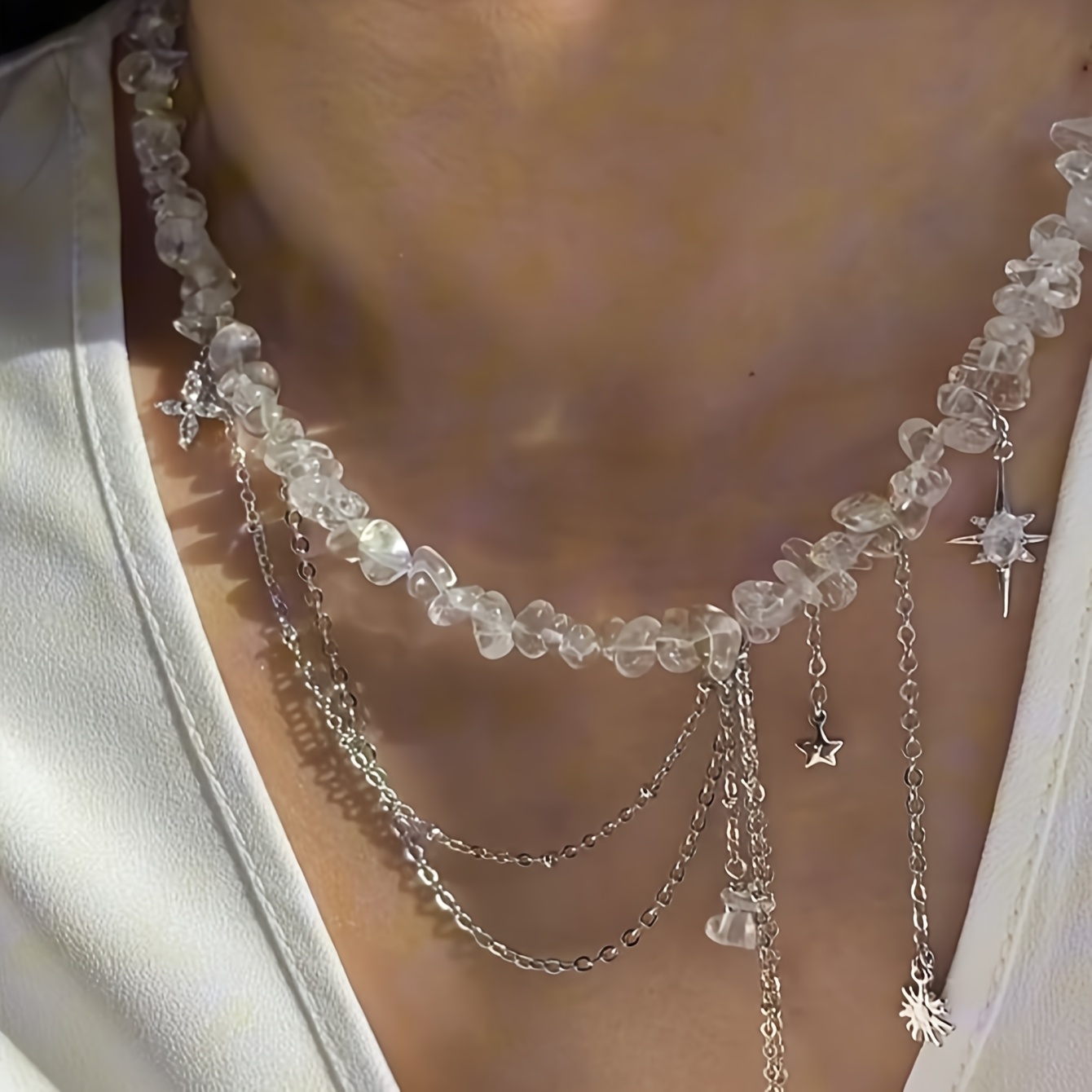 Women's Irregular Stone Bead Necklace with Tassel Chain