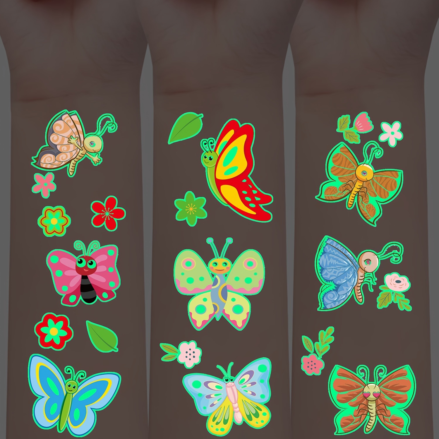 

Glow In The Dark Butterfly Temporary Tattoos - 10 Sheets, 120 Multicolor Cartoon Insect Designs, Waterproof Body Arm Fake Tattoo Stickers, Lasts 2-5 Days, Ideal For Birthday Party Favors