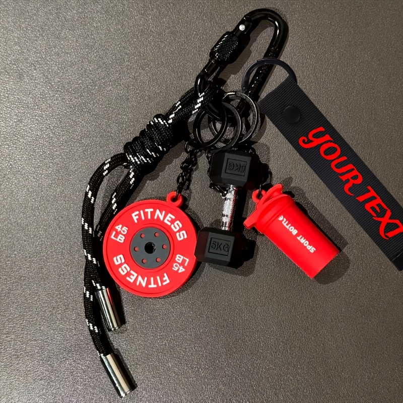 TEMU 2026 Year Personalized Embroidered Custom Keychain, Key Ring - Sports Barbell And Dumbbell Keychain Set, Detachable Design, For Fitness