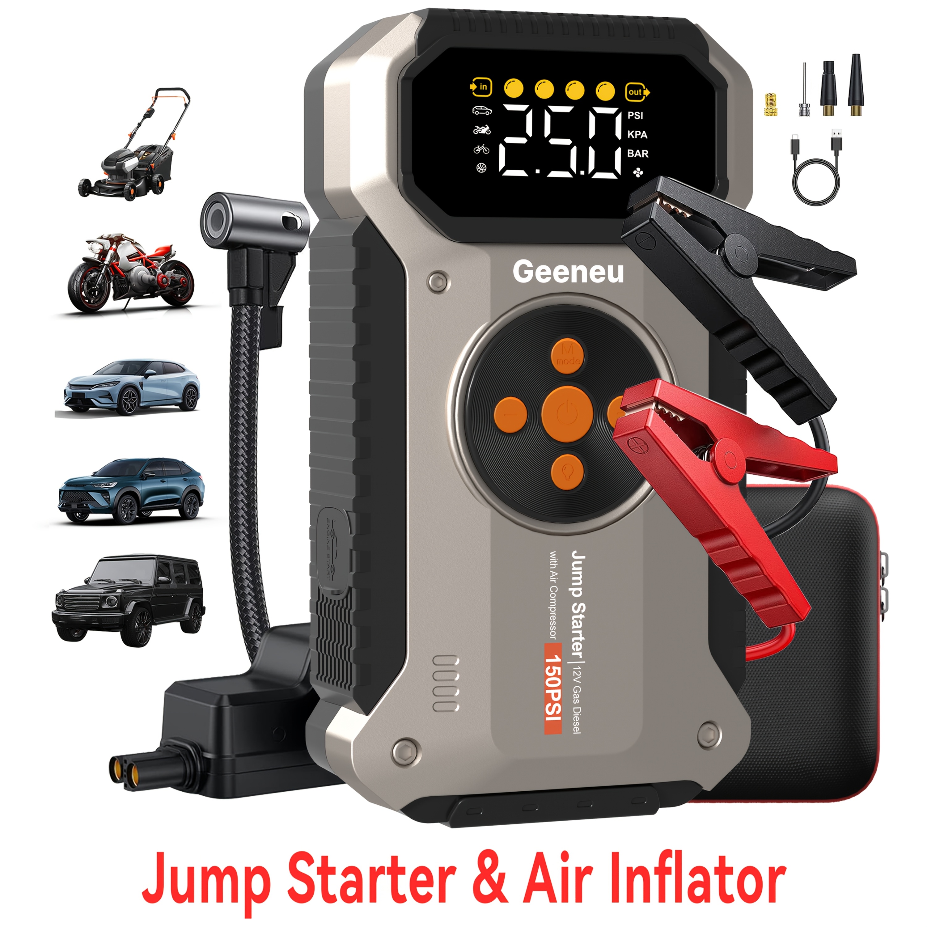 TEMU 12000mah Jump Starter For Car, Jump Starter With Air Compressor, Battery Jump Starter Portable5000a 150psl Digital Tire Inflator, Car Battery