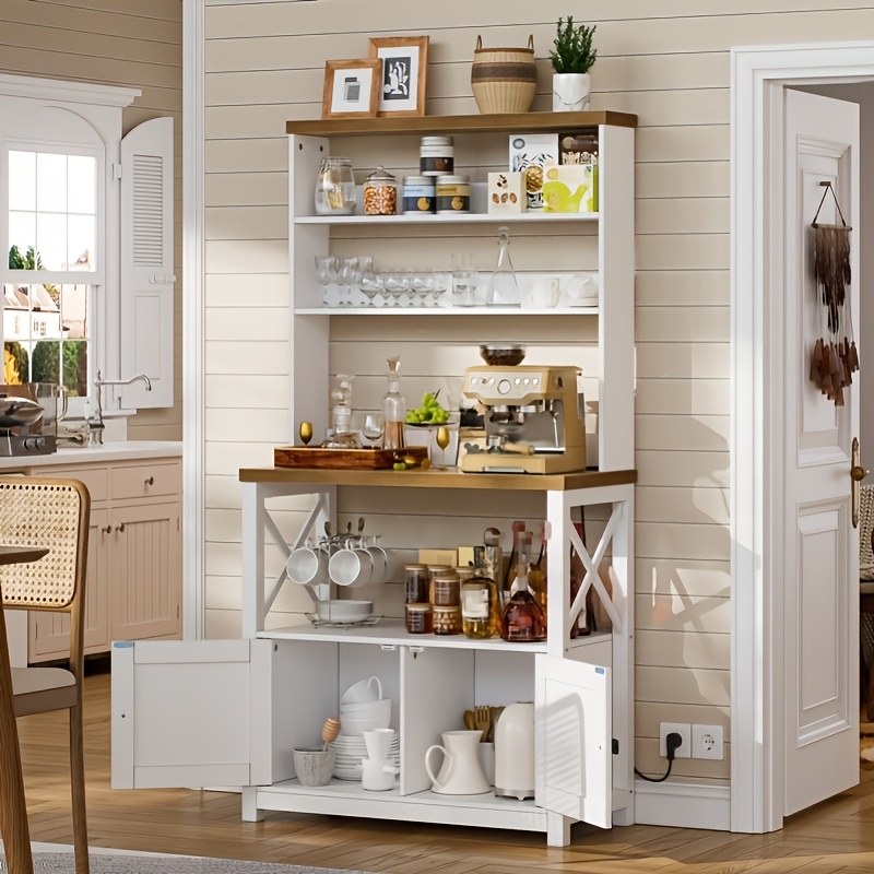 Kitchen Pantry Cabinet With Countertop, Pantry Cabinets With Buffet Cupboard, With Large Storage Space, For Kitchen, Dining Room, Living Room, 37 X 81 X 160cm, White+brown