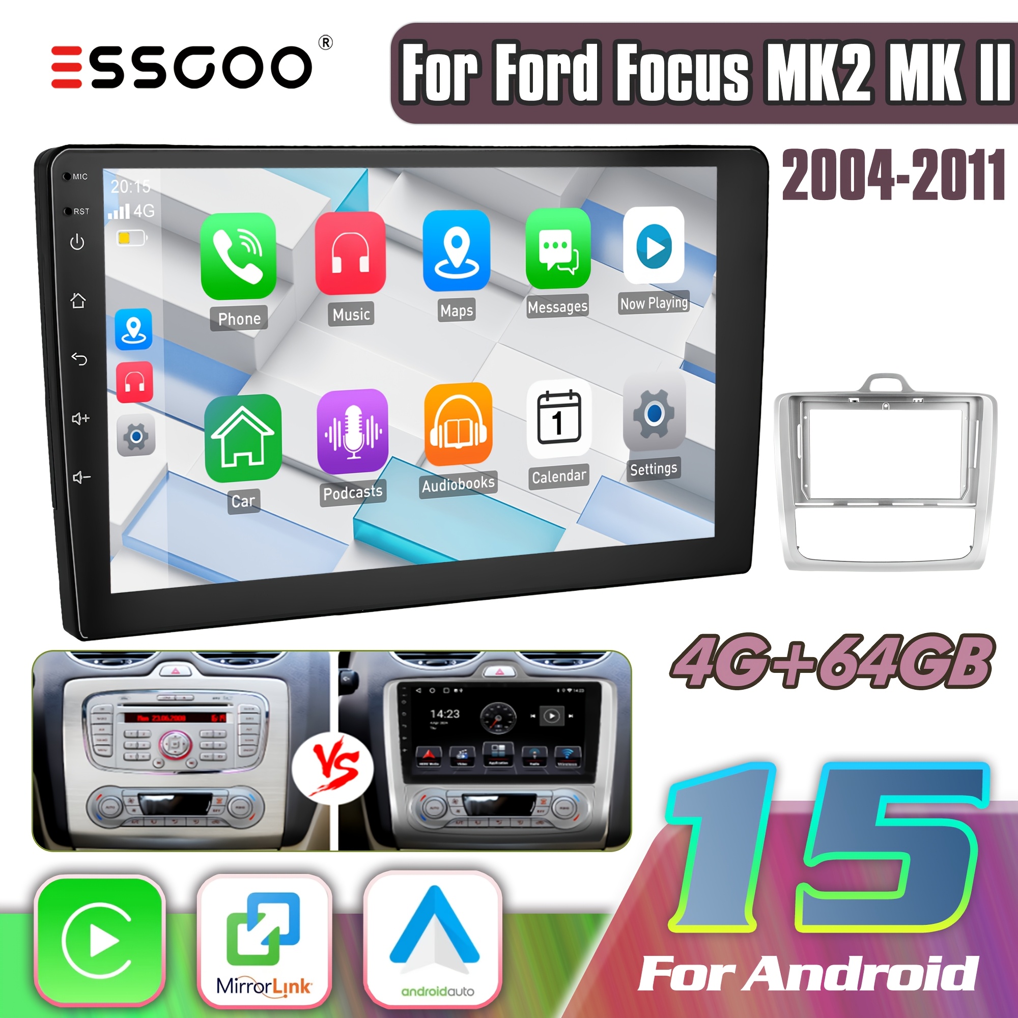 Image of Essgoo 15 Smart Radio For Ford Focus Mk2 | 9-inch Ips Display With Integrated Frame | & Auto | 4gb+64gb Storage | | Supports Swc | & Rds Fm | Full Via Wifi &