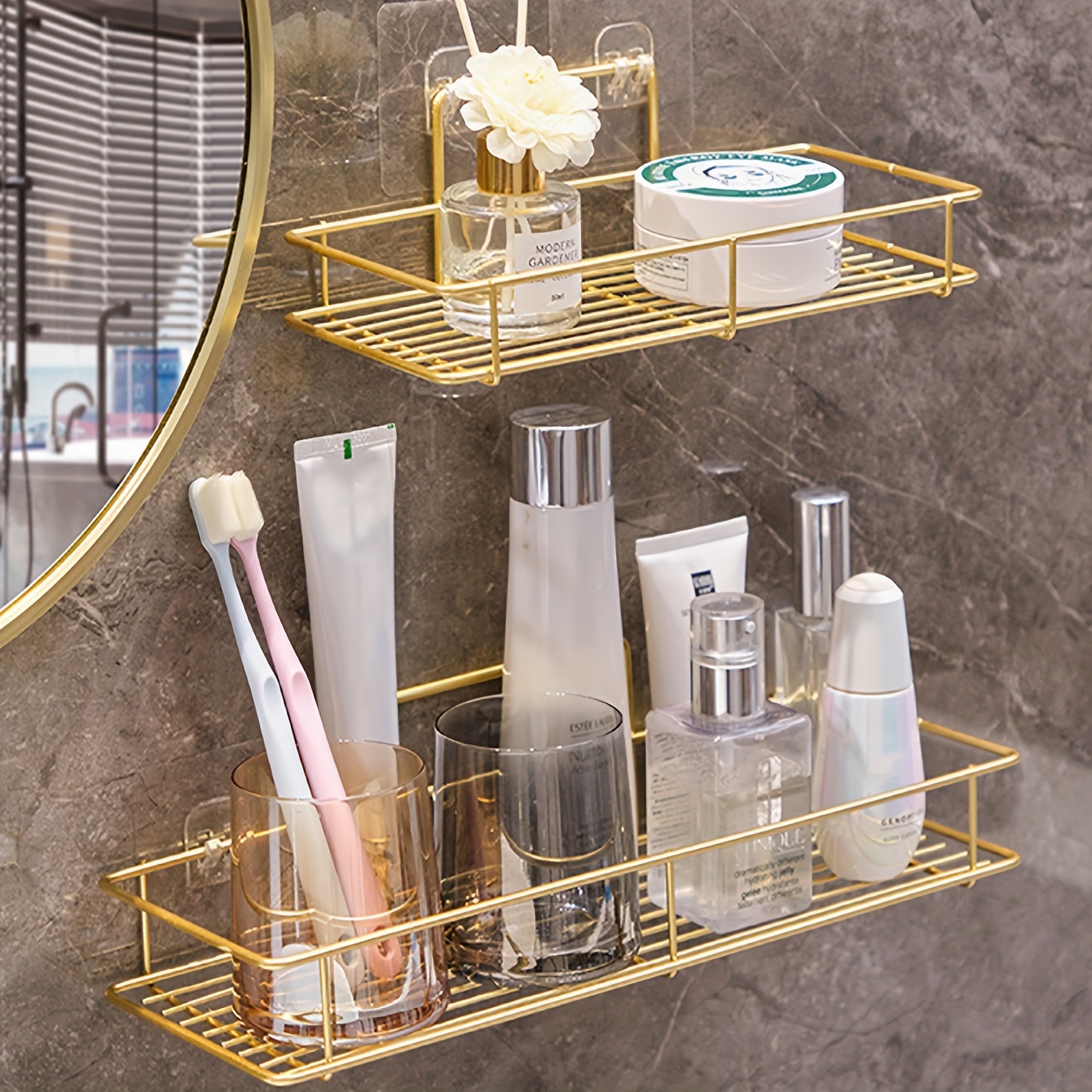 

1pc Golden Bathroom Wall-mounted Shelf, No-drill Iron Storage Rack For Skincare & Makeup, Wash Basin Cosmetic Organizer, Kitchen Wall Storage Shelf