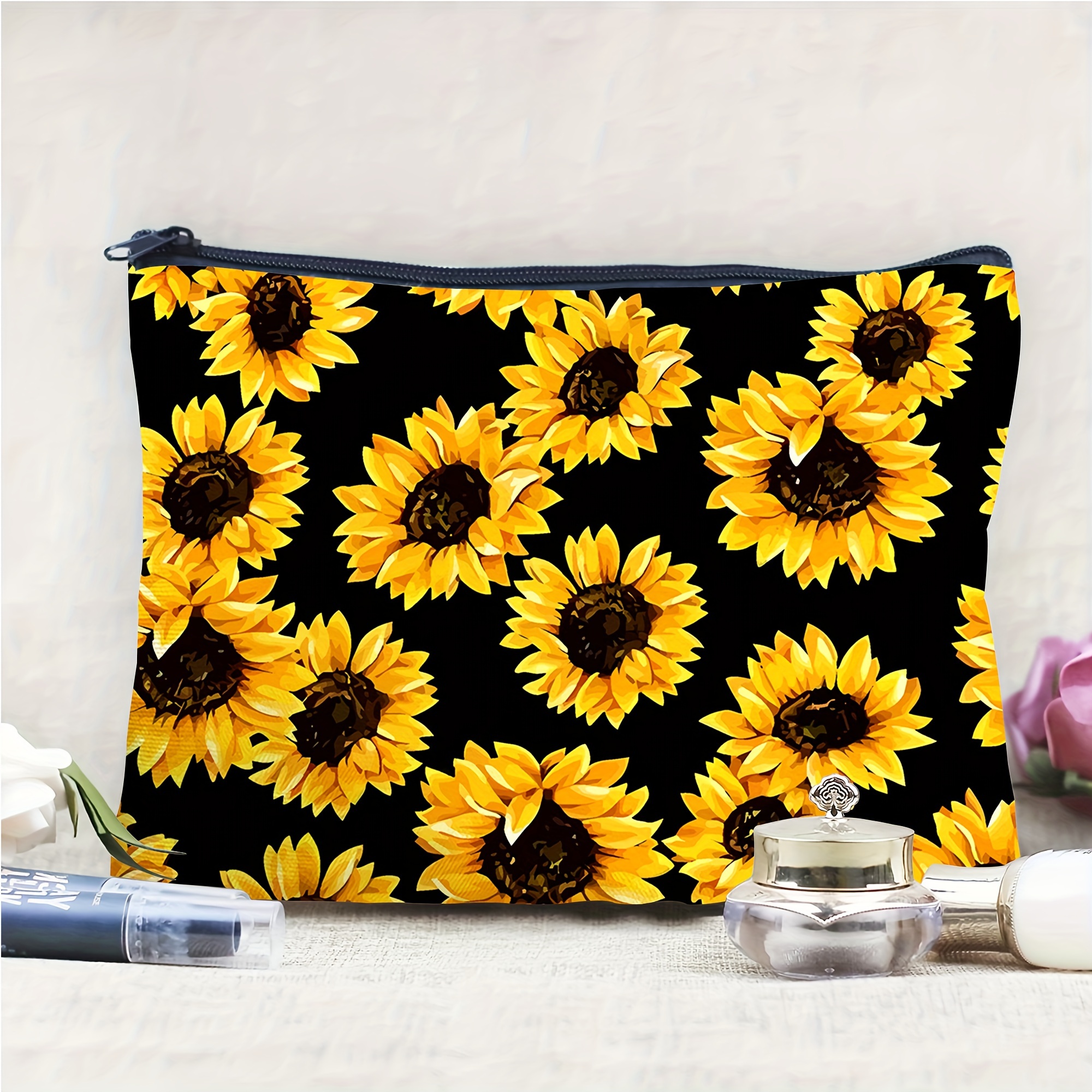 TEMU 1pc Sunflower Cosmetic Pouch, Yellow Zippered Clutch, Sunflower Storage Bag For Lovers Gift, Ladies Makeup Bag With Double-sided Print, Bathroom Toiletry Organizer, Students Stationery Pen Case