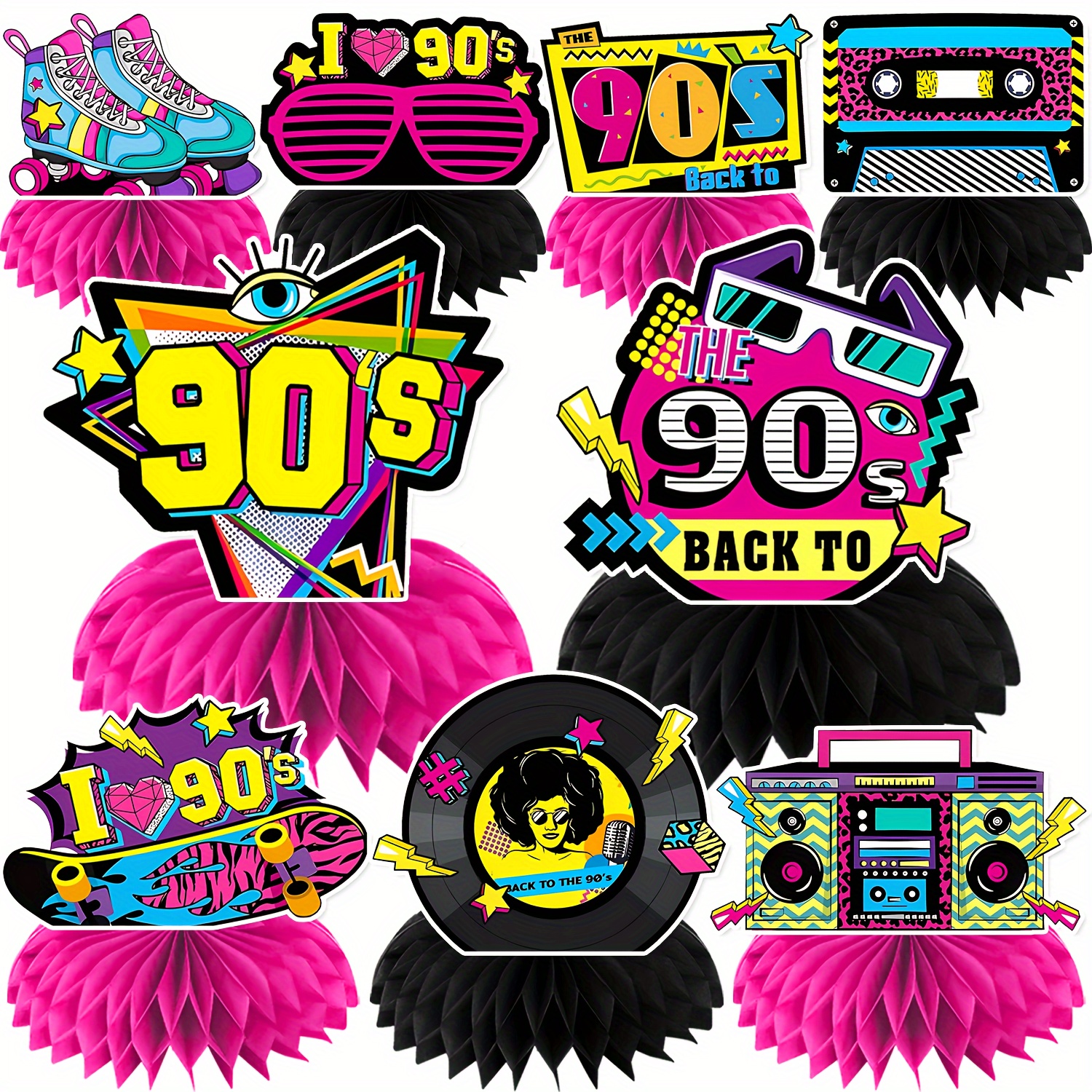 

9-pack Retro 90s Honeycomb Centerpieces - Nostalgic Paper Table Decor For 90's Theme Parties, Birthday Celebrations, Bar & - Colorful Party Supplies, Universal Holiday Appeal, No Electricity Needed