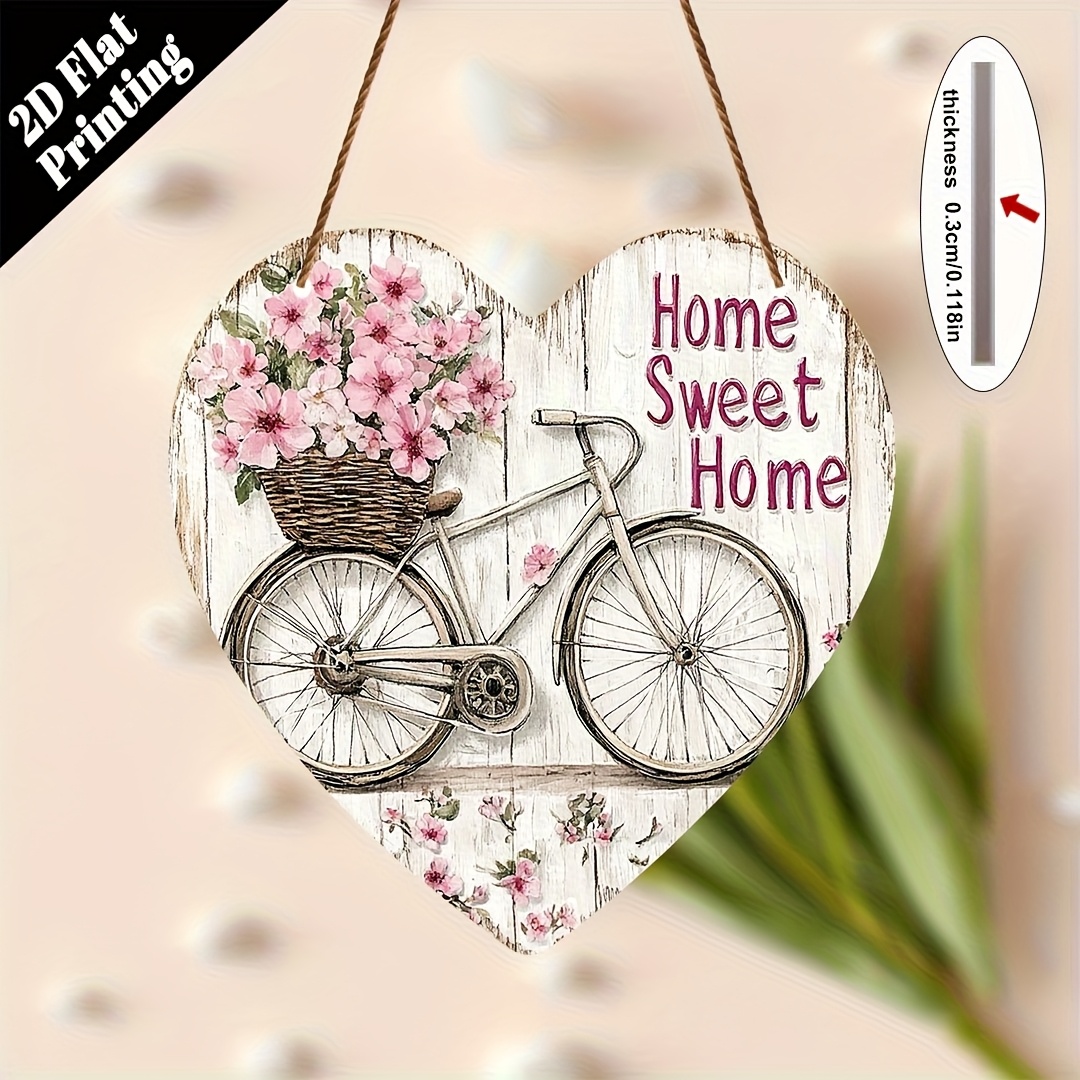 TEMU Piatto 2D, Piano 2D - Insegna di in Legno Stile Vintage Stampata in 2D con Design a Forma di Cuore con Motivi di Bicicletta e . Dimensioni: 8.0