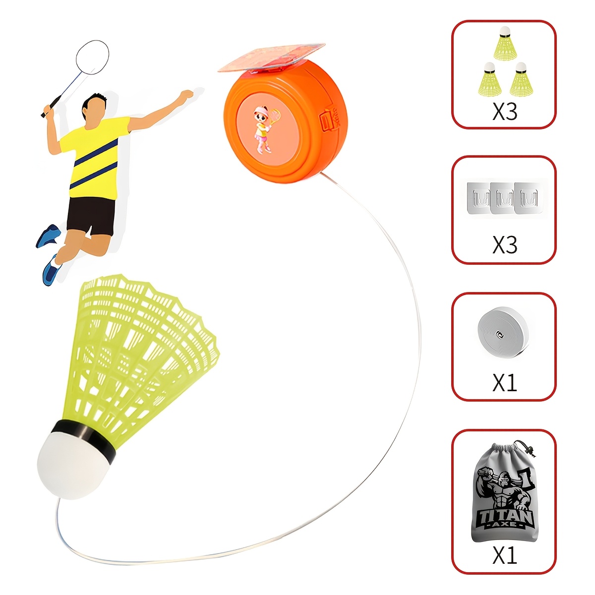 

Professional Badminton Trainer Kit With Adjustable String & Drawstring Storage Bag - Indoor/outdoor Practice, Pvc Material, Orange