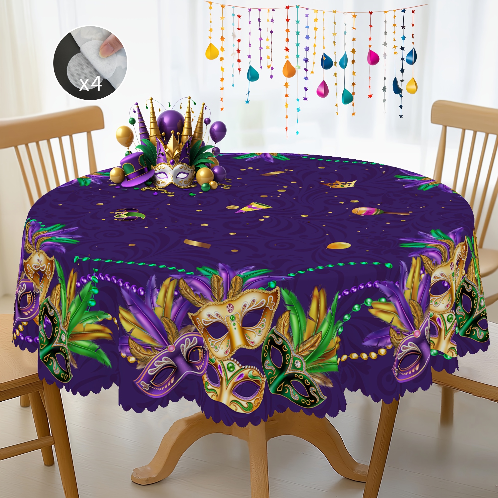 

1pc Mardi Gras Polyester Round Tablecloth With 4 Self-adhesive Strips, Machine-woven, Mask & , For Easter, New Orleans & Brazilian Carnival, Moroccan-, Ideal For Home & Picnic Use