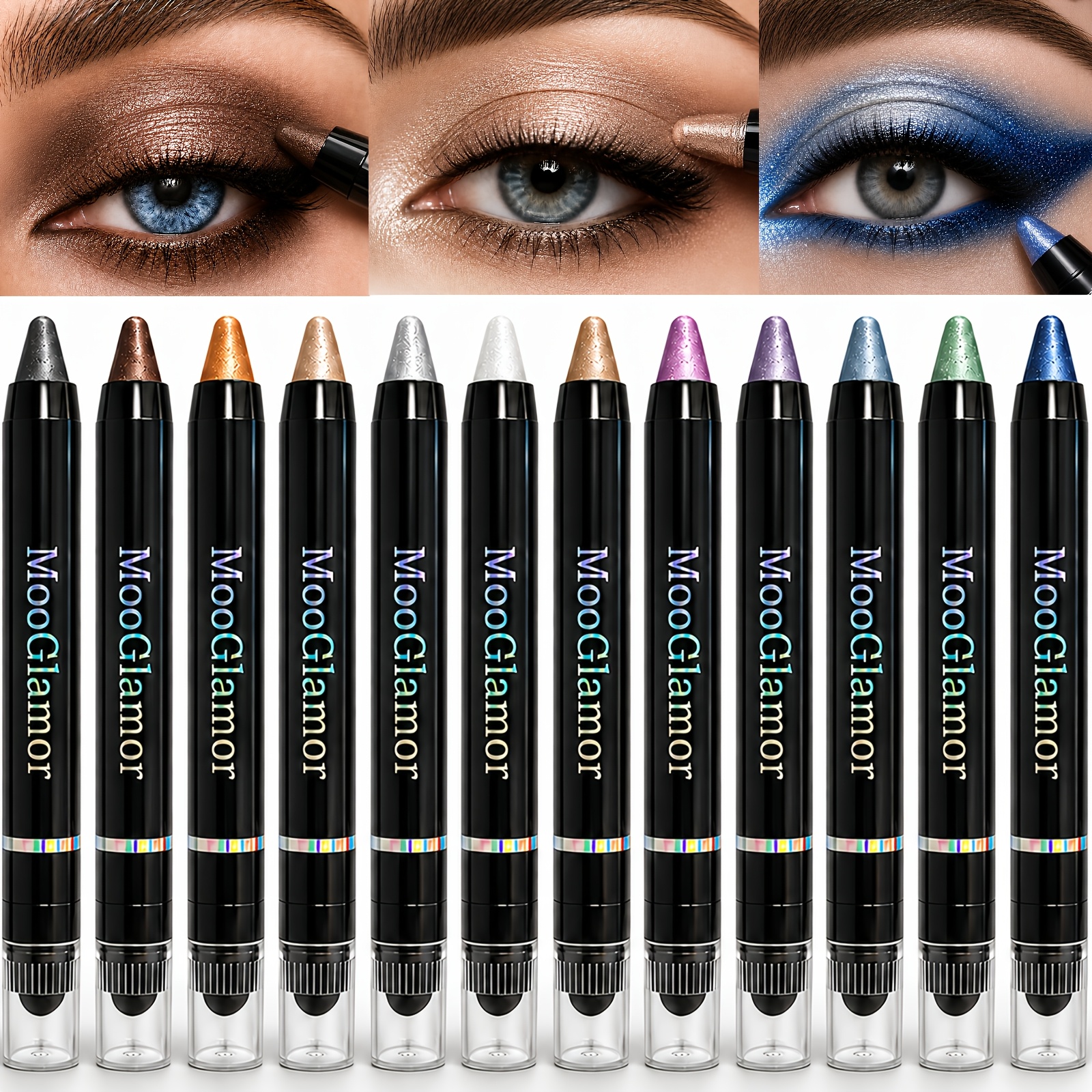 Image of 12pcs Shimmer Eyeshadow Stick Set, Creamy Shimmery Metallic Eye Shadow Crayon With Built-in Blending Tip, High Smooth Eye Makeup, Color, Beginner Friendly For Daily Party Makeup