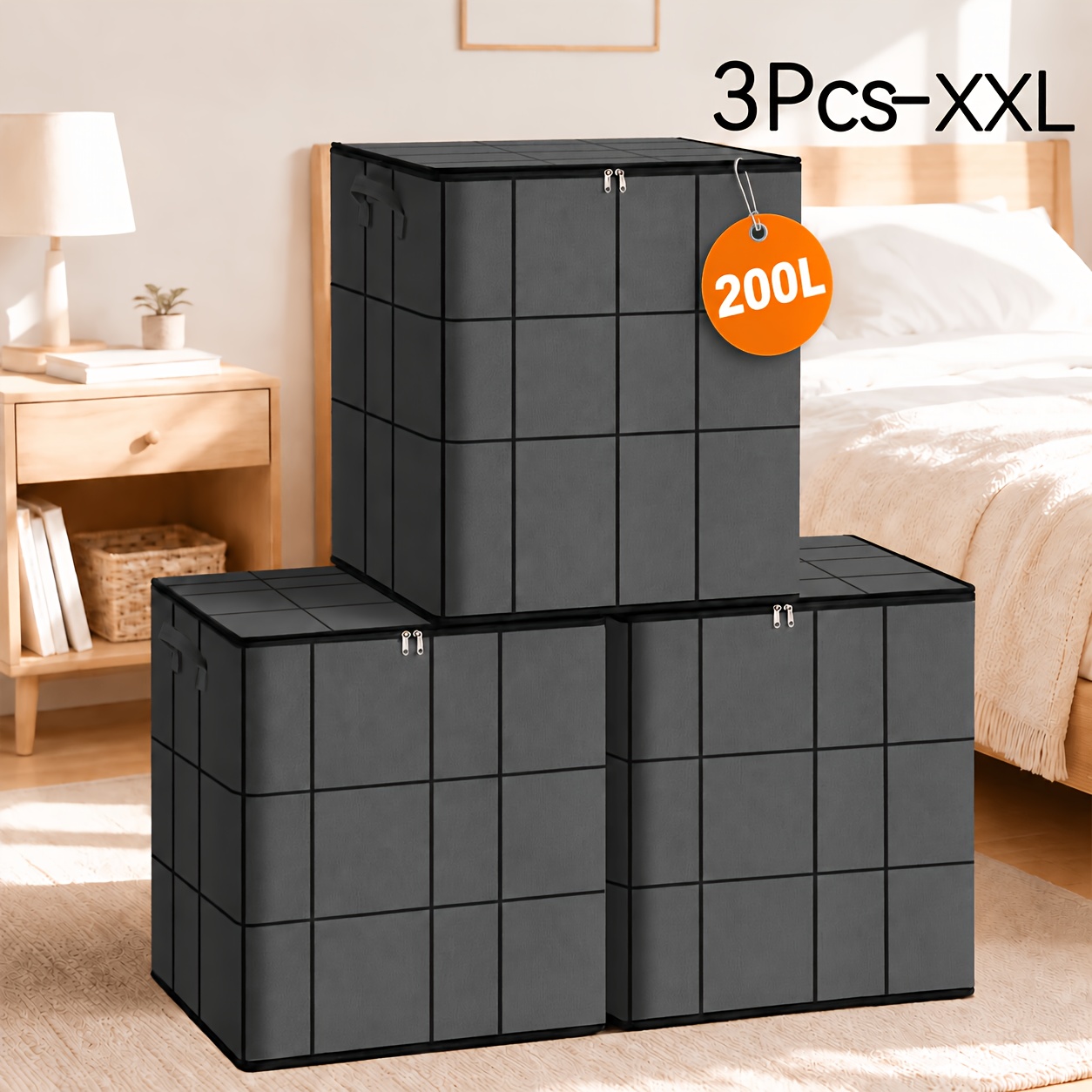 TEMU 3 Pack Large Clothes Storage Bags, Foldable Wardrobe Storage Bag, Large Capacity Storage Box, Household Double Zipper Organizer Bag With Handles
