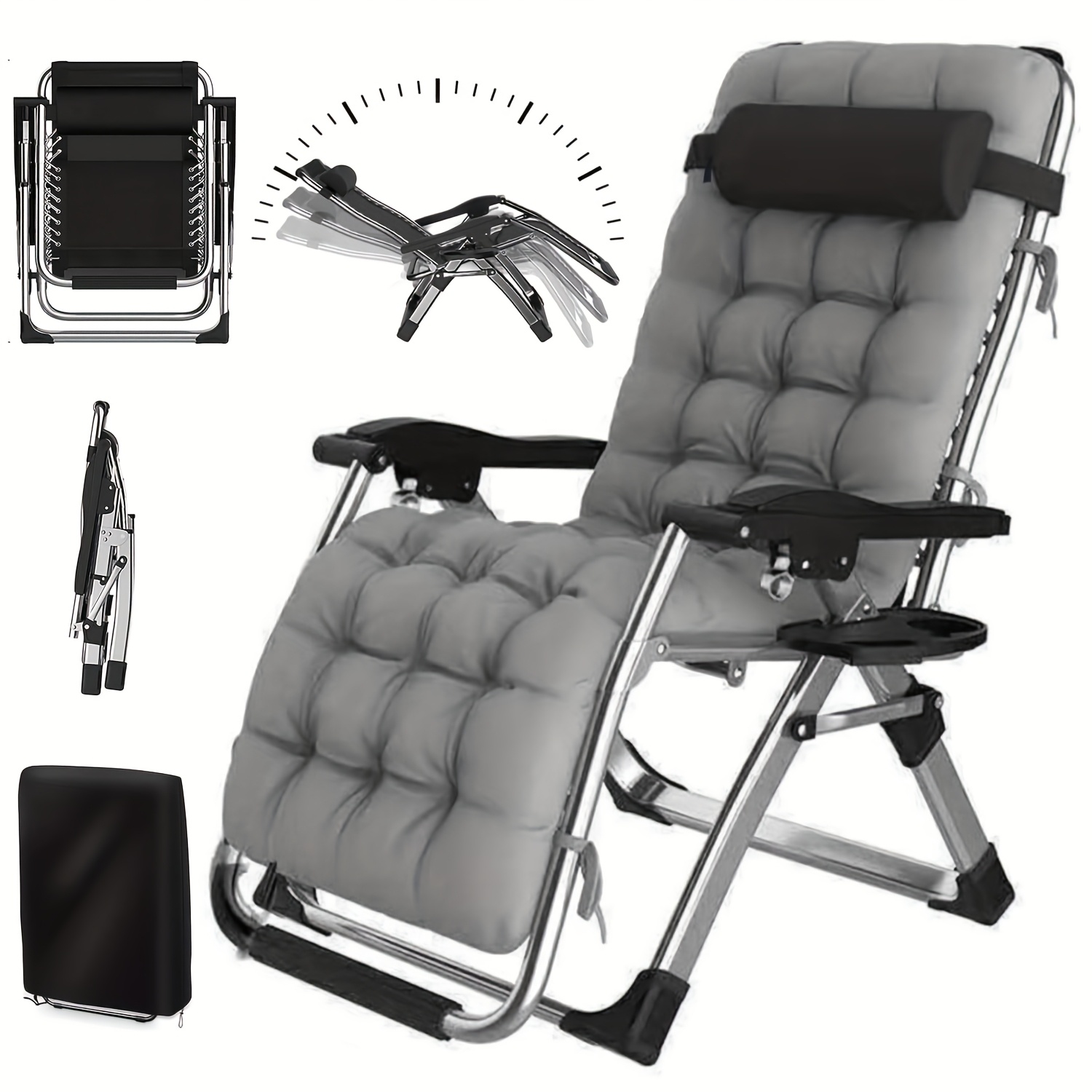 TEMU Foldable Sun Lounger 65/72/77/83cm, 200kg Capacity Recliner With Neck Pillow, Cup Holder & Cover, Ergonomic Cushion, Adjustable Backrest, Extra