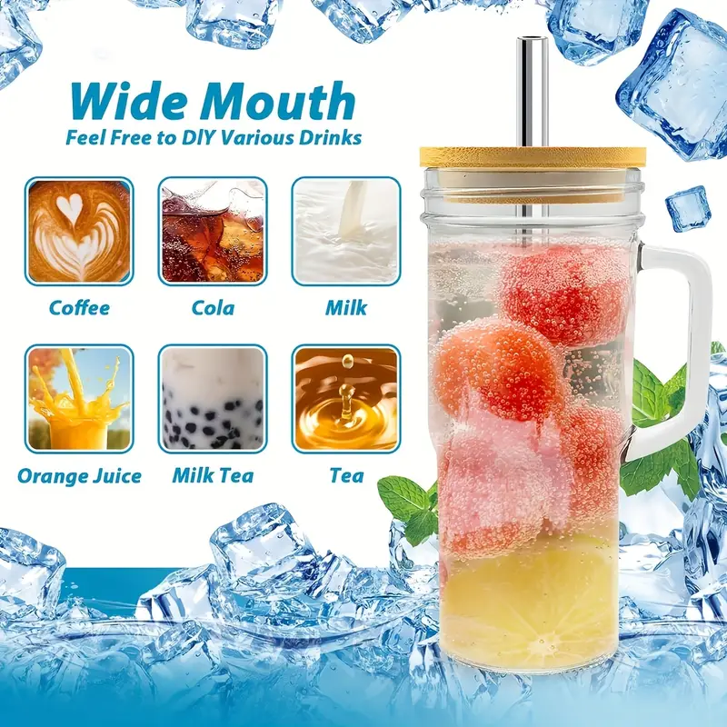 2 4pcs glass cup with handle reusable glass cup with lid and wide mouth straw boba cup smoothie cup cup iced coffee cup car cup complimentary straw brush and cup brush Product details 3