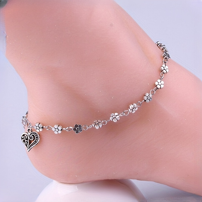 

European And American Retro Silver Hollow Plum Small Flower Foot Decoration Peach Heart Shaped Anklet Bracelet