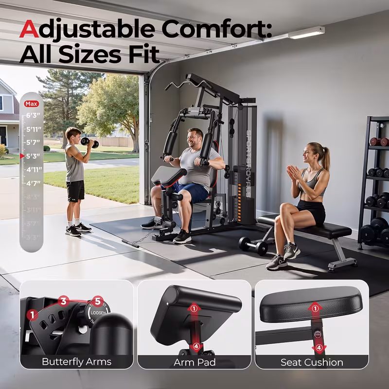 multifunctional for home gym equipment 150lbs weight stack all in one workout machine 35 exercise functions with adjustable seat pulley system stable h base full body trainer for home garage apartment without battery Product details 5