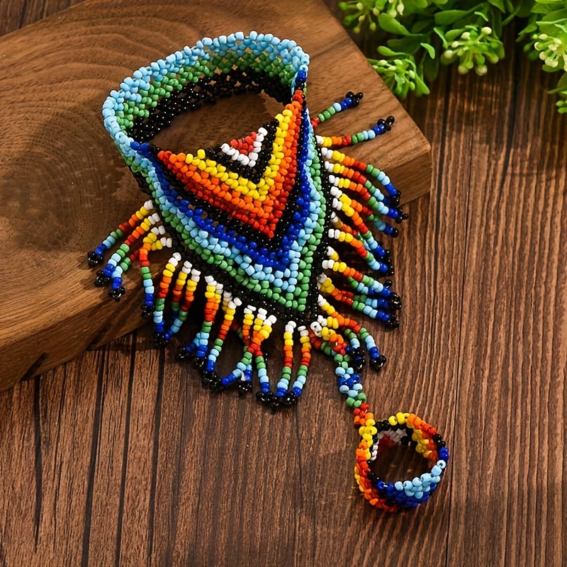Temu – TEMU Bohemian Ethnic Style Elastic Geometric Woven Rice Bead Link Bracelet Women’s ( Rice )