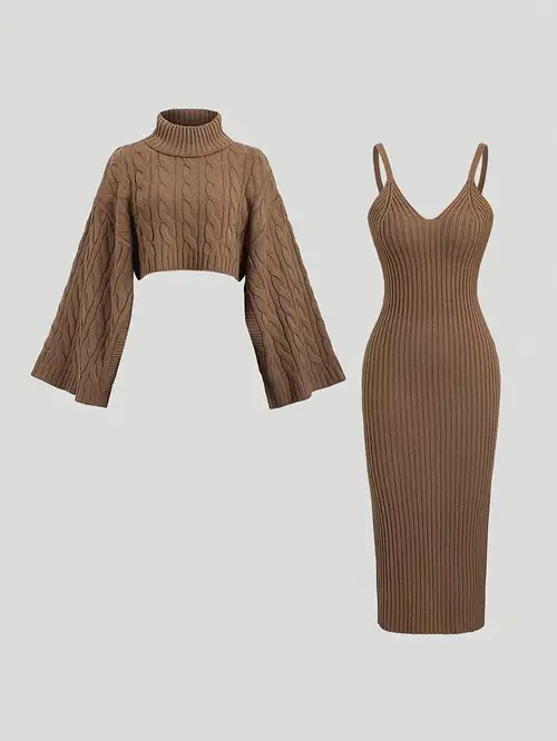 autumn knitted women set dress Wanita Store Knitted Dress Two Piece Set Autumn Winter Solid Color Pullover Sweater Women