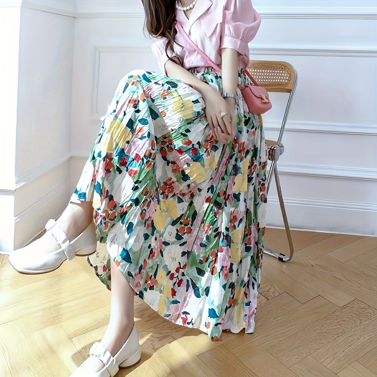Floral Print Elastic Waist Pleated Skirt, Elegant Below Knee A-line Skirt,  Women's Clothing