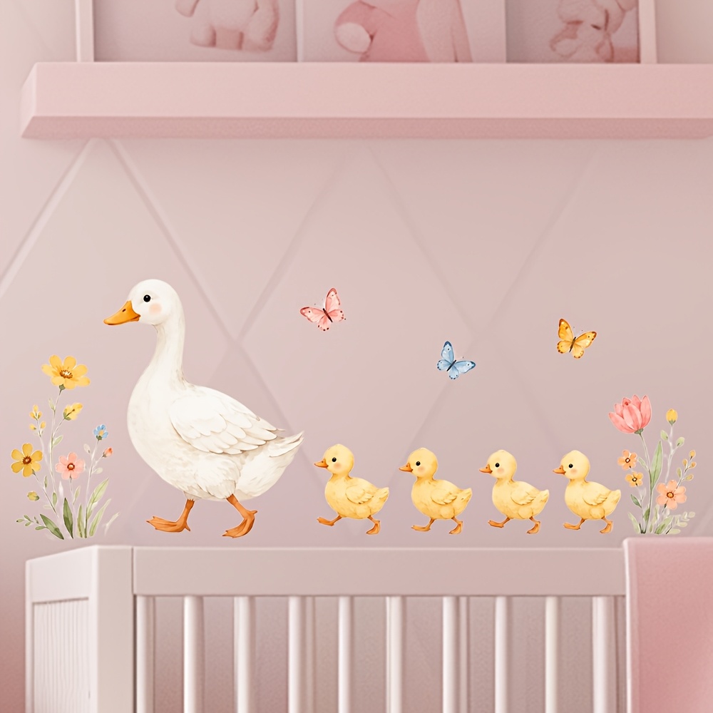 TEMU 1pc Watercolor Big And Little Yellow Duck Wall Sticker, , Plants, And Butterflies Cartoon Animal Decal, Self-adhesive Removable Wall Decor For
