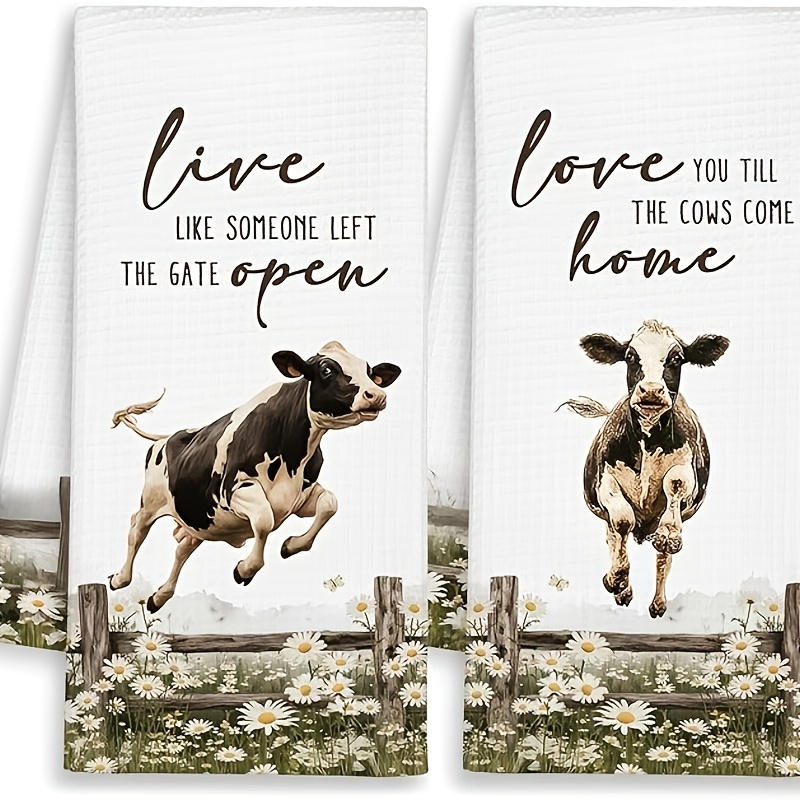 TEMU Farmhouse Fun Cow Kitchen Towel Set Of 2, "live Like Didn't Close " Decorative Dish Towels, Gift For The Bathroom Farmer, Rustic Cottage Floral