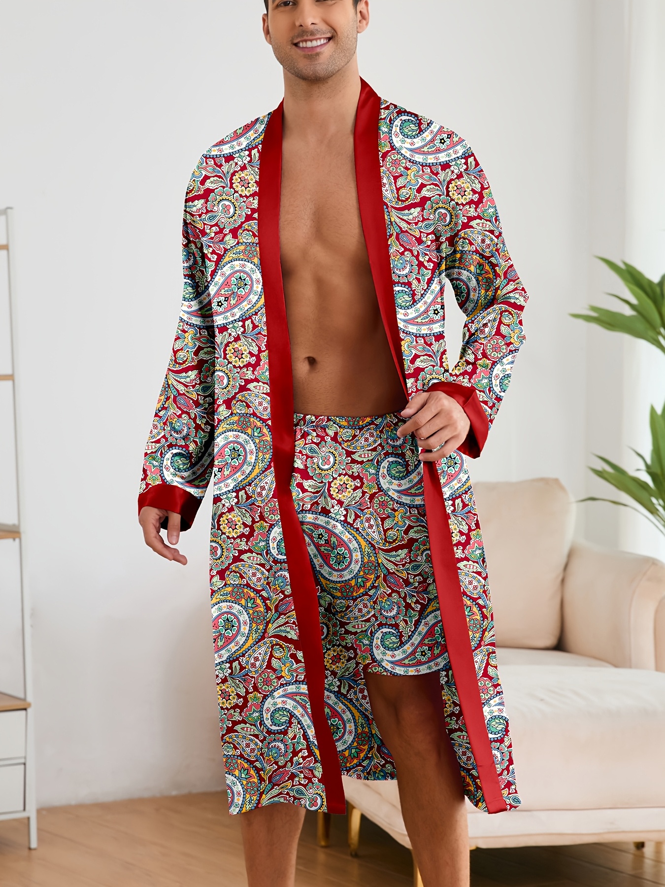 Spring/Summer Men's Printed Color-Matching Vacation Casual Loose Belted Comfortable Gift Light Luxury Pajama Bathrobe Long Sleeve Robe Shorts Long Pajama Two-Piece Set