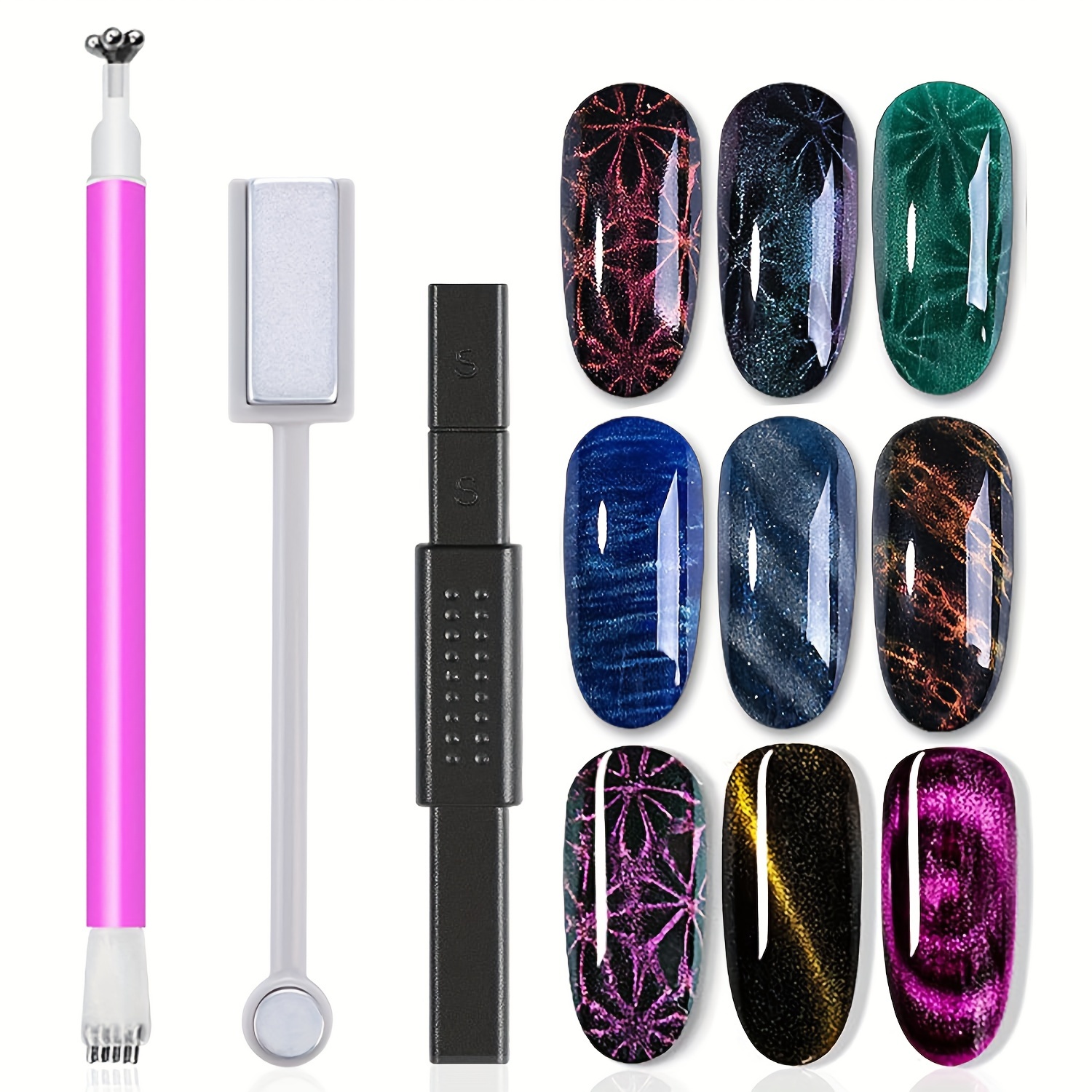 

3-piece Magnetic Nail Art Tool Set, Cat Eye Magnet Pen, Formaldehyde-free, Multi-functional Nail Design Accessories With Long Strip And "s" Head For Creative Nail Polish Gel Effects