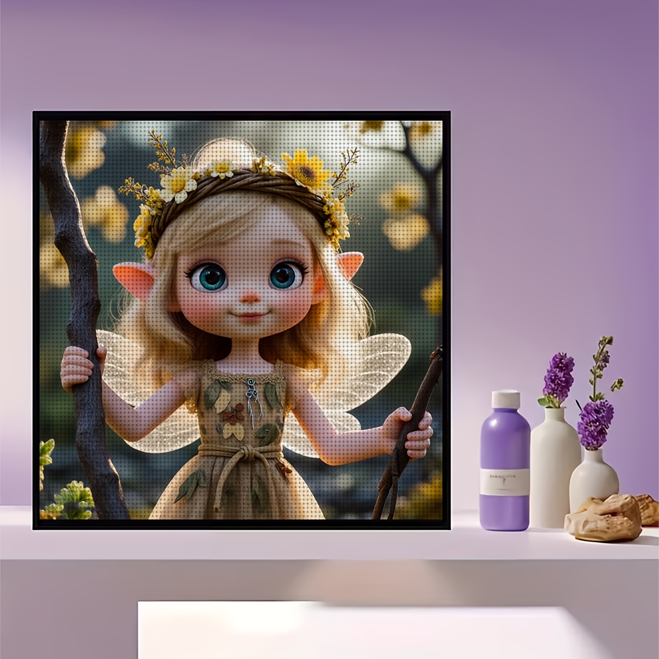 DIY Cross-stitch Printed Kit, Unframed, "Flower Elf Wearing a Wreath" Pattern