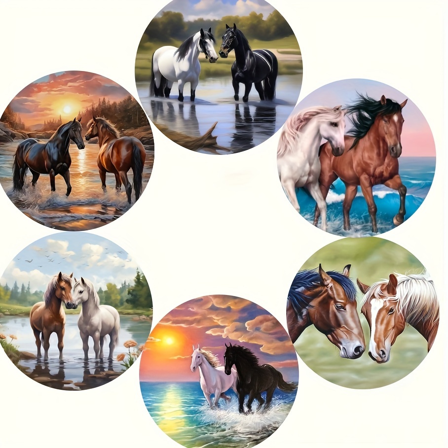 

6pcs Horse Lovers Wooden Coaster Set, Equestrian Themed Heat Resistant Drink Mats For Coffee Shop, Home Use Tea Cup Pads, Round Animal Print Table Accessories For Mugs