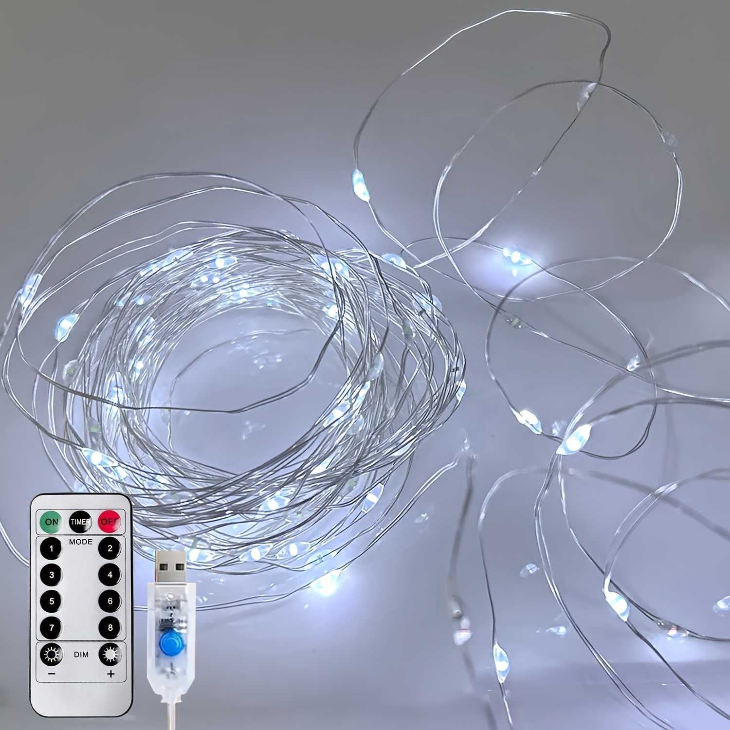 TEMU 1pc, Usb Silvery Wire Light, Remote Control Usb Silvery Wire Light With Automatic Timer, 8 Modes Mini Light String, Suitable For Indoor, Garden,