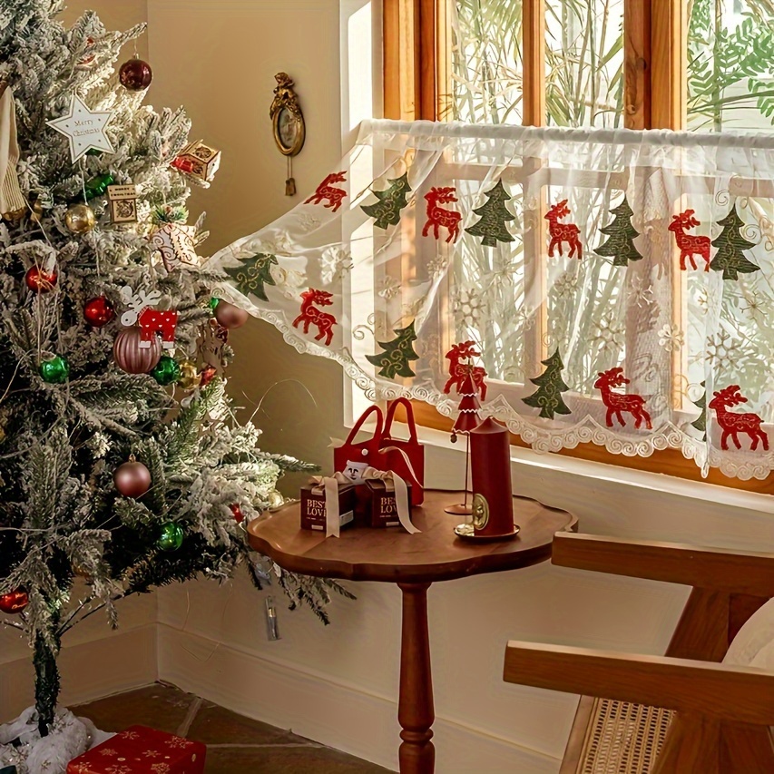 TEMU 1pc Christmas Elk And Tree Embroidered Colorful Sheer Curtain With Rod For Easy Hanging, Perfect For Canteen & Living Room & Bedroom Decor