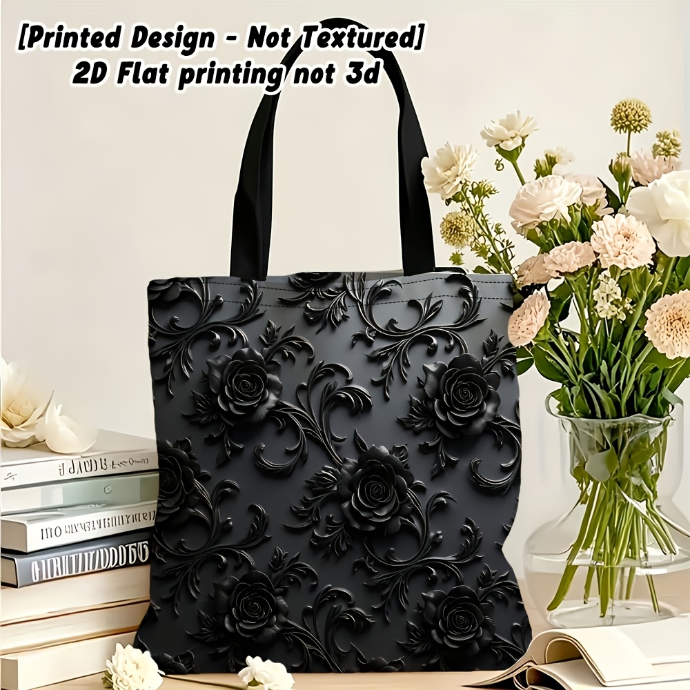 TEMU 2d Flat Printing [printed Design - Not Textured] Women's Shoulder Bag, Black Rose Relief Pattern Theme, Daily Use, Multi-functional Handbag,