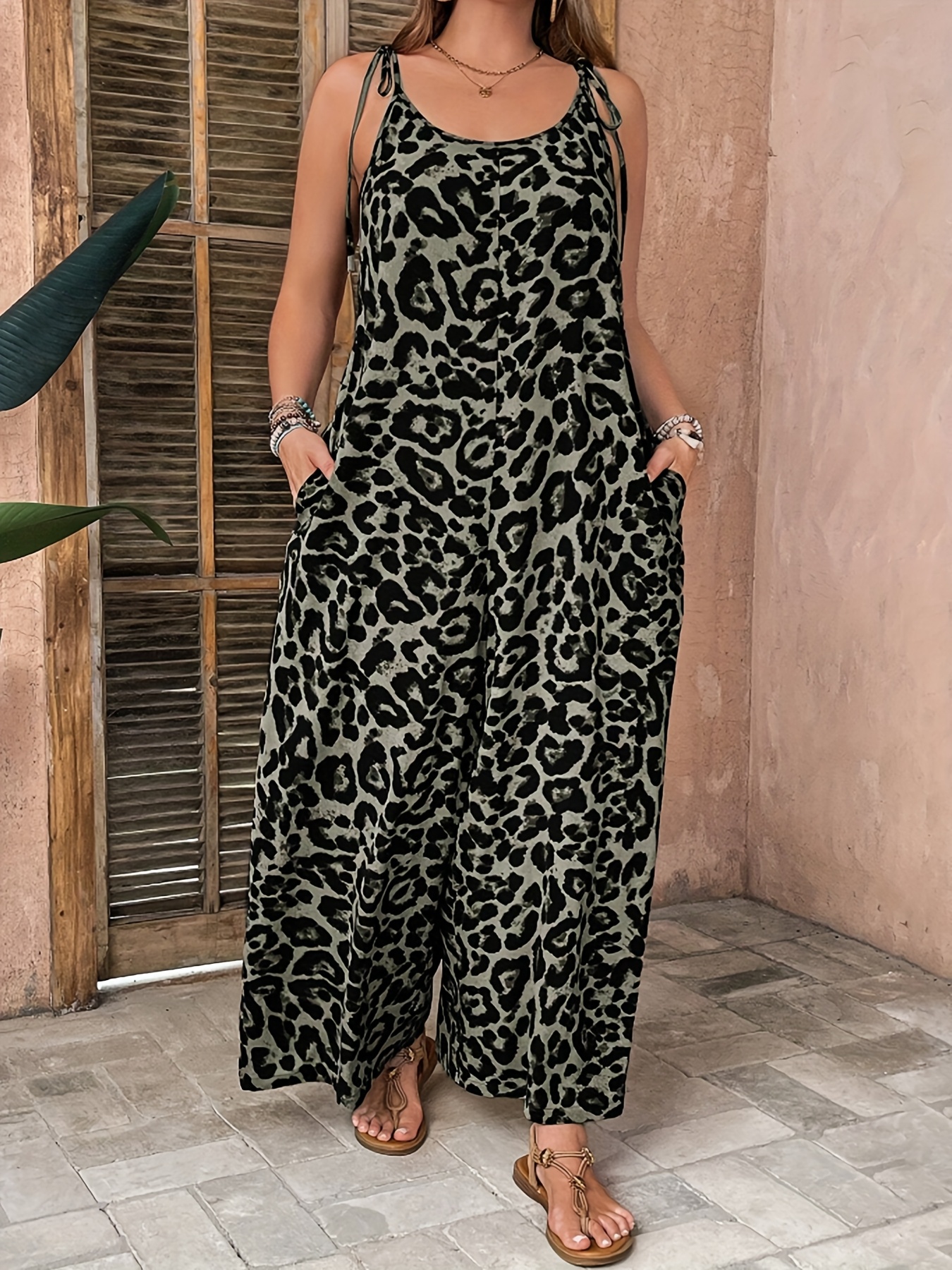 Women's Plus-Size Leopard Print Sleeveless Jumpsuit Casual Wide-Leg  Tie-Front Romper with Pockets, Breathable Silhouette for  Spring/Summer/Fall,