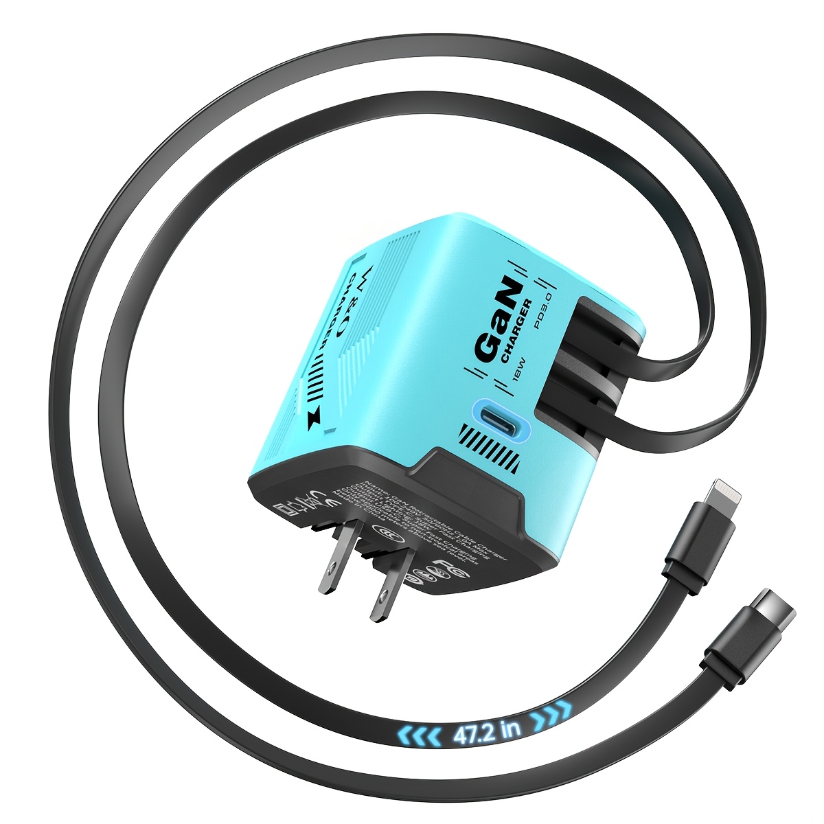 TEMU Chargeur Rapide GaN 120W, Équipé d'un Câble Rétractable et d'une Fiche Pliable, avec un Câble de Données Rétractable Ultra-long - 120 cm/47,24