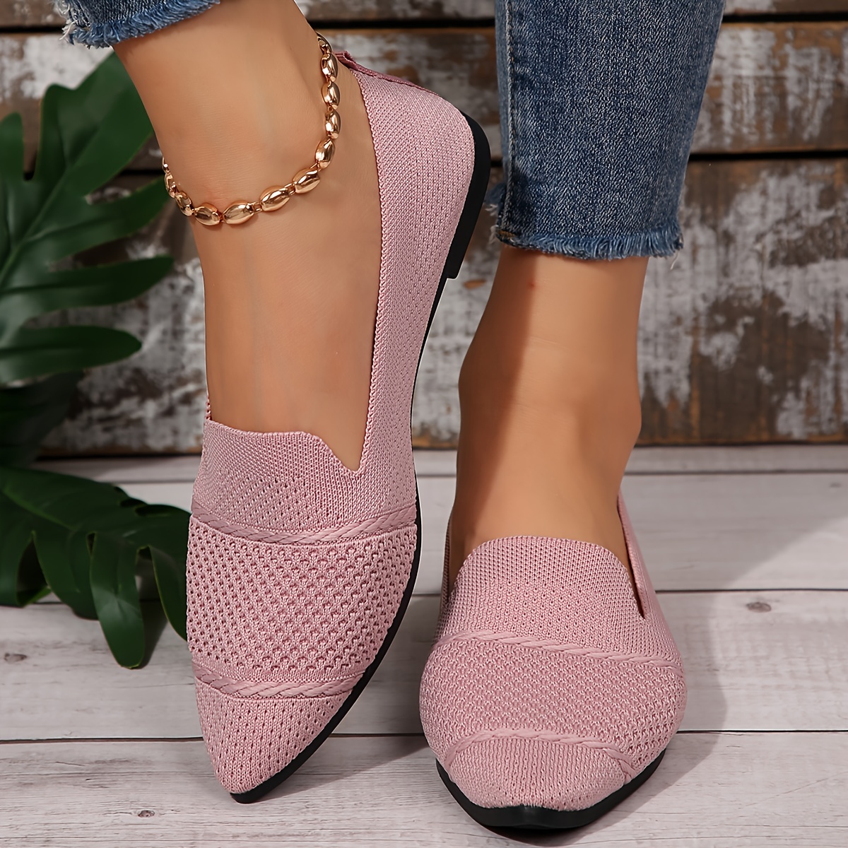 Elegant Ballet Flat Shoes For Women, Slip-On Breathable Soft Sole Daily Knitted Ballets, Point Toe Daily Wear