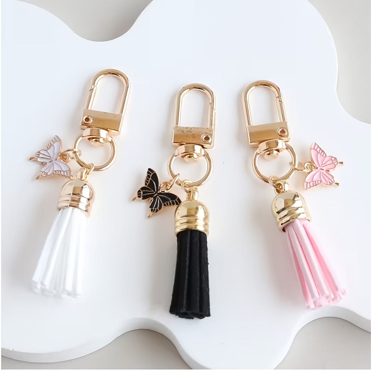 TEMU Lot de 3 porte-clés à pompon avec pendentif papillon , blanc, . Convient pour la décoration de sacs et de clés, idéal cadeau pour , les