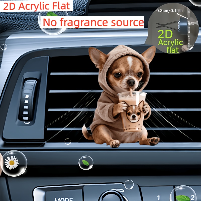 Image of 2d Flat, Adorable Chihuahua Air Vent Clip Decoration, "no Scent Source", With Double-layer Odorless Sponge Pads, Car Acrylic Fragrance Diffuser, Allows You To Add Your Own Fragrance, Car Additions