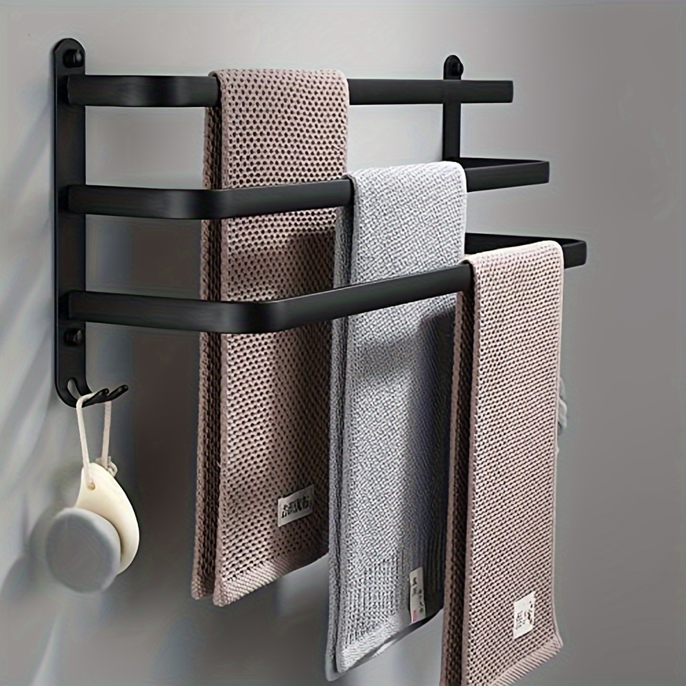 E-shop 3-lagiger Badhandtuchhalter mit 2 Haken, Wandmontierte Handtuchhalter, Geeignet für kleine Badezimmer, Badetuch-Aufbewahrungsregale, Aluminium