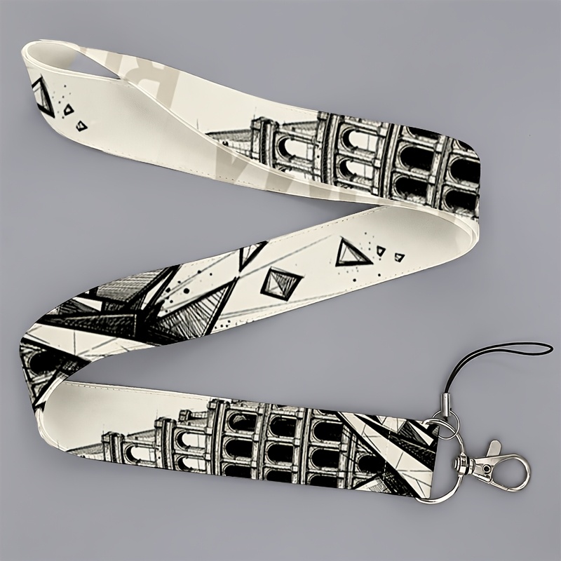 TEMU 2d Suitable For Men And Or School, Black And White Hand-drawn Architecture And Geometric Pattern Artistic Lanyard For Phones And Id Cards