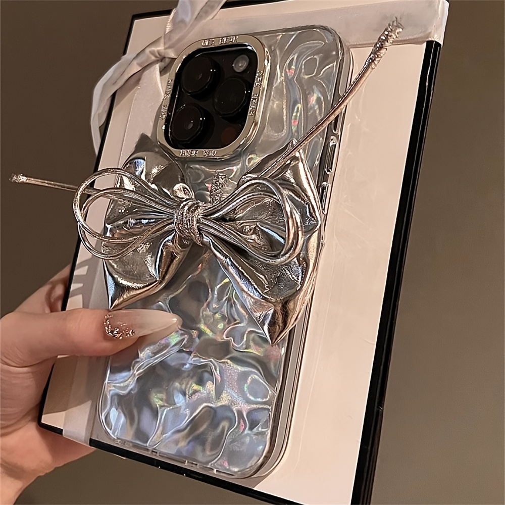 Japan Laser 3D Silvery Artificial Leather Bow Wrinkle Artistic Case for iPhone 15 14 13 12 16 Pro Max 11 Luxury Wave Water Ripple Cover