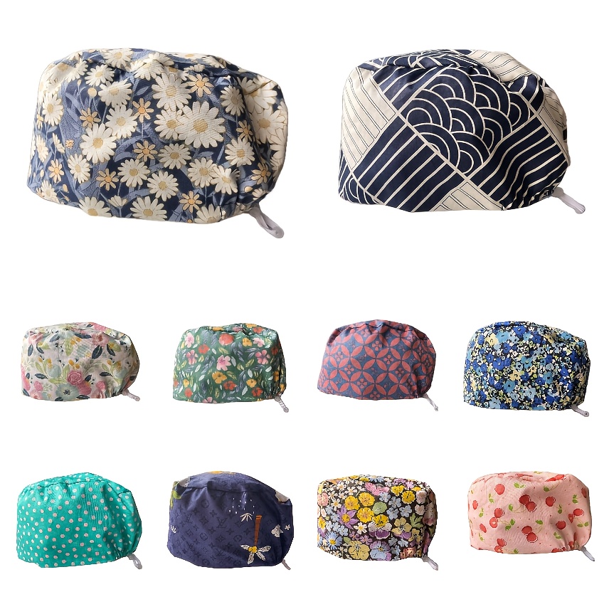 

Adjustable Scrub Cap With Sweat Absorbent Towel - Stylish & Comfortable Polyester Work Hat For Women, Hand-washable, Non-stretch, Brimless Design With Floral & Geometric Patterns