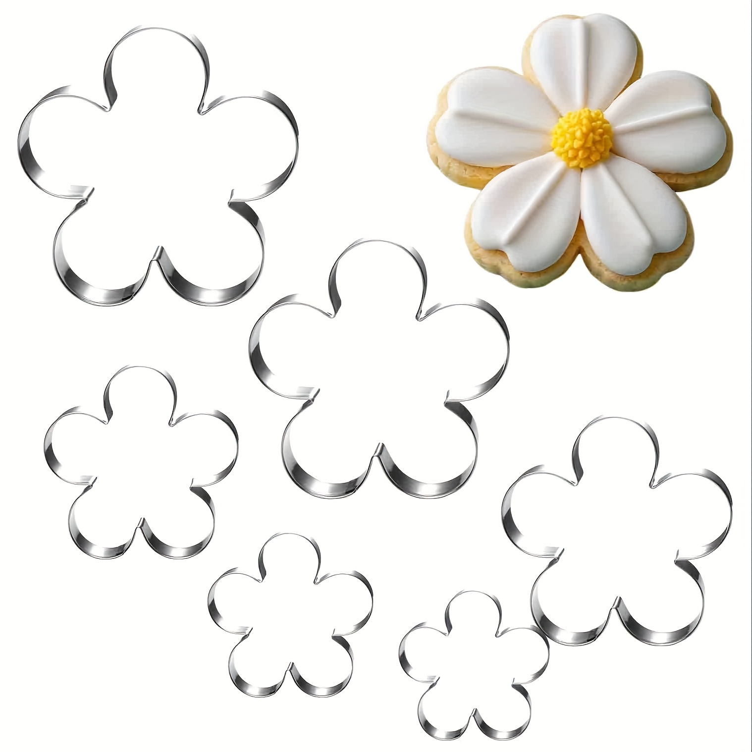 Image of Set Of 6 Cookie Cutters In Of A Five-petal Flower, Measuring 4", 3.5", 3.0", 2.5", 1.8", And 1". Safe For Dishwasher Use, Perfect For Flower Fondant