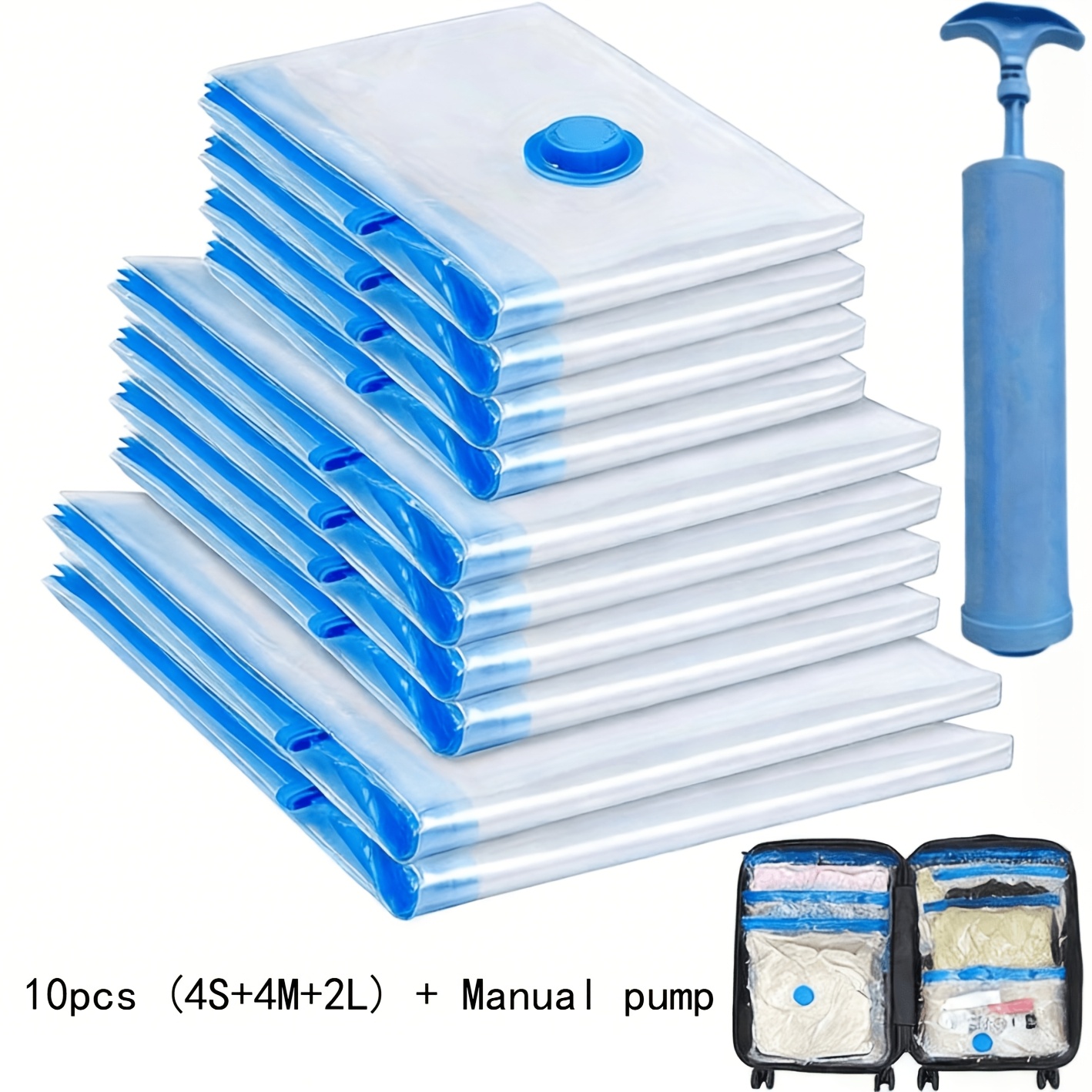 TEMU 10pcs Vacuum Compression Storage Bags Set With Portable Hand Pump - Large + Medium + Small + Hand Pump - Suitable For Bedding, Clothes, Travel
